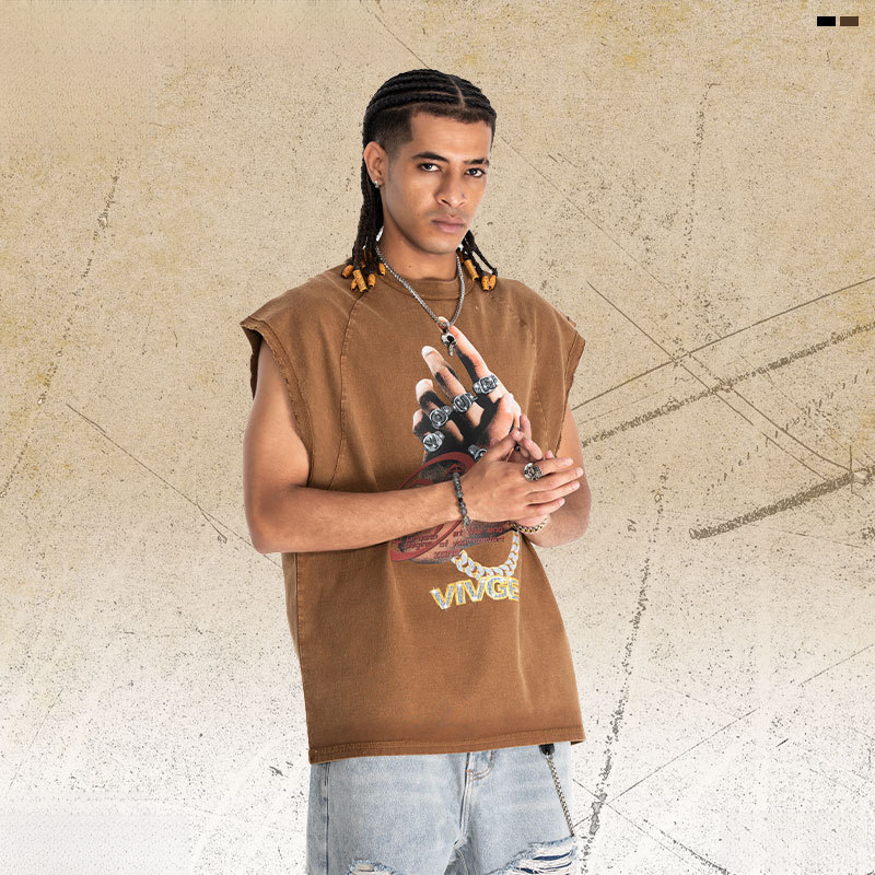 American-style Finger Print Vest For Men, Washed And Distressed, Loose Vintage Sleeveless Trendy_voghion.com