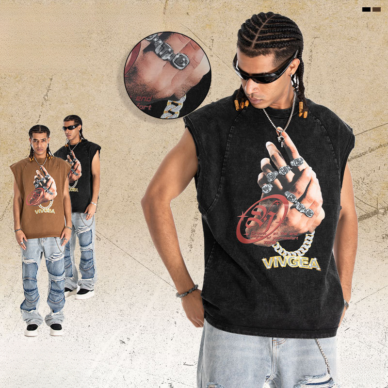 American-style Finger Print Vest For Men, Washed And Distressed, Loose Vintage Sleeveless Trendy_voghion.com