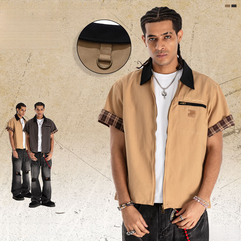 American-style Color-block Zipper Shirt For Men, Summer Detroit Workwear Short-sleeve Shirt, Casual Jacket_viptrois.com