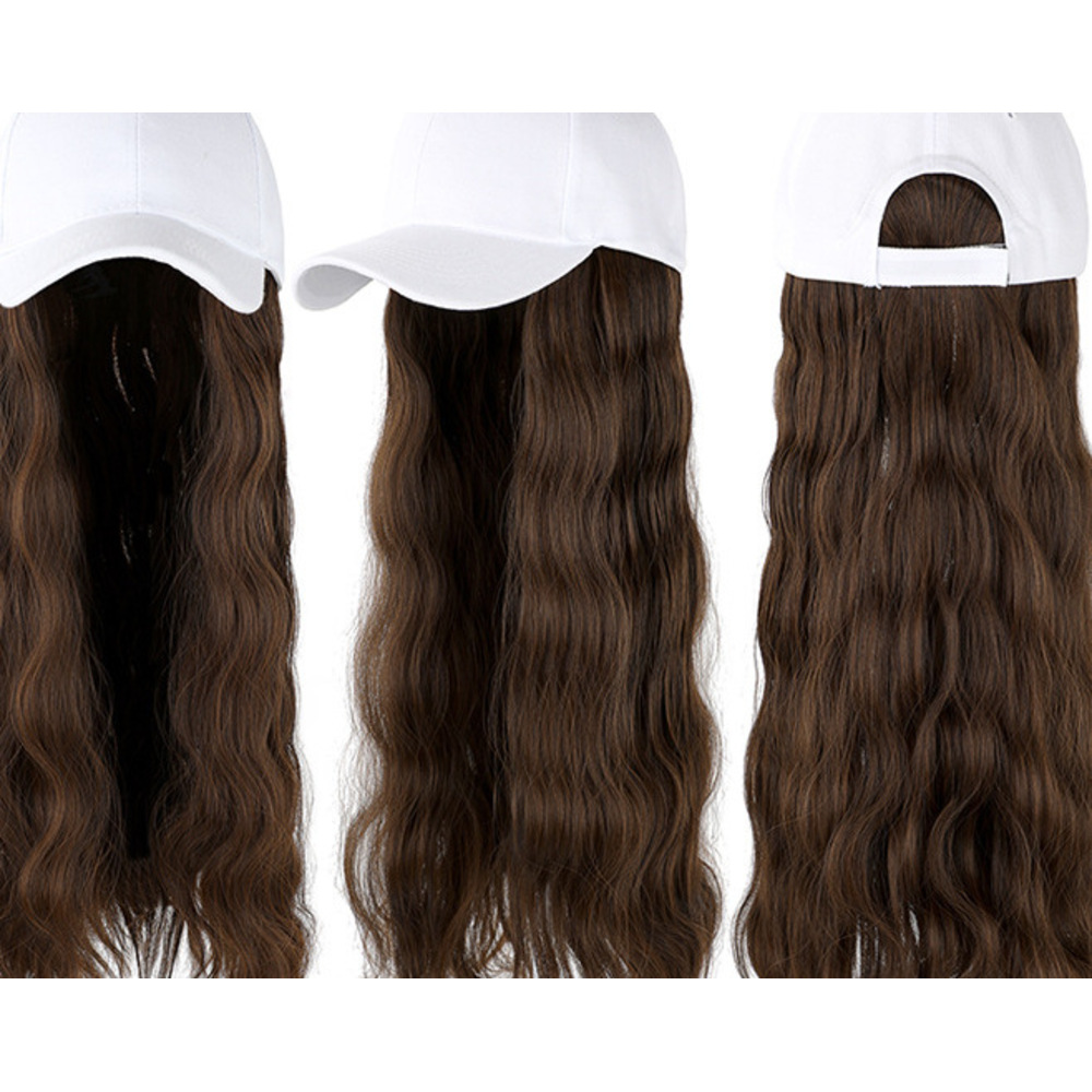Peluca para mujer con gorro, gorro integrado de estilo moderno con forma de pico de pato natural, cabello largo rizado con ondas de agua, en stock, versátil._voghion.com