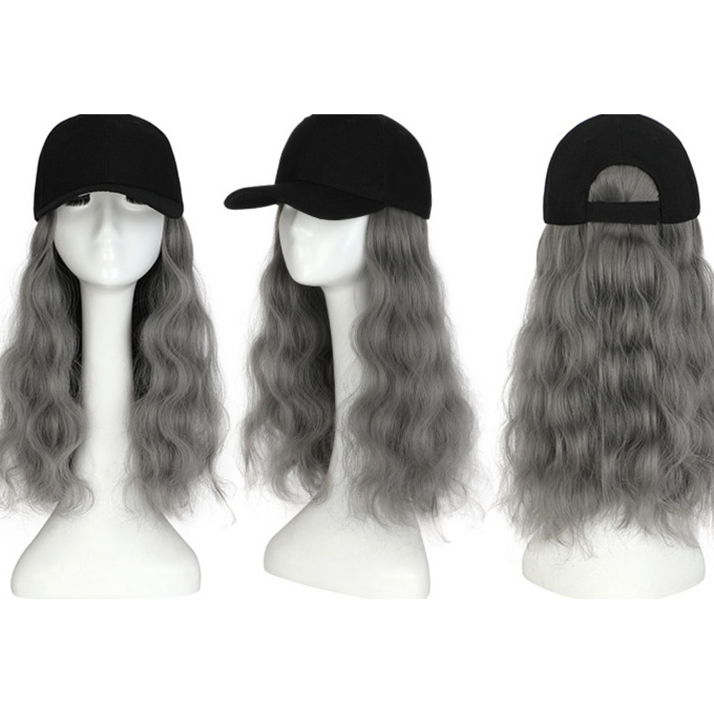 Peluca de mujer con gorra de béisbol cabello largo ondulado_voghion.com
