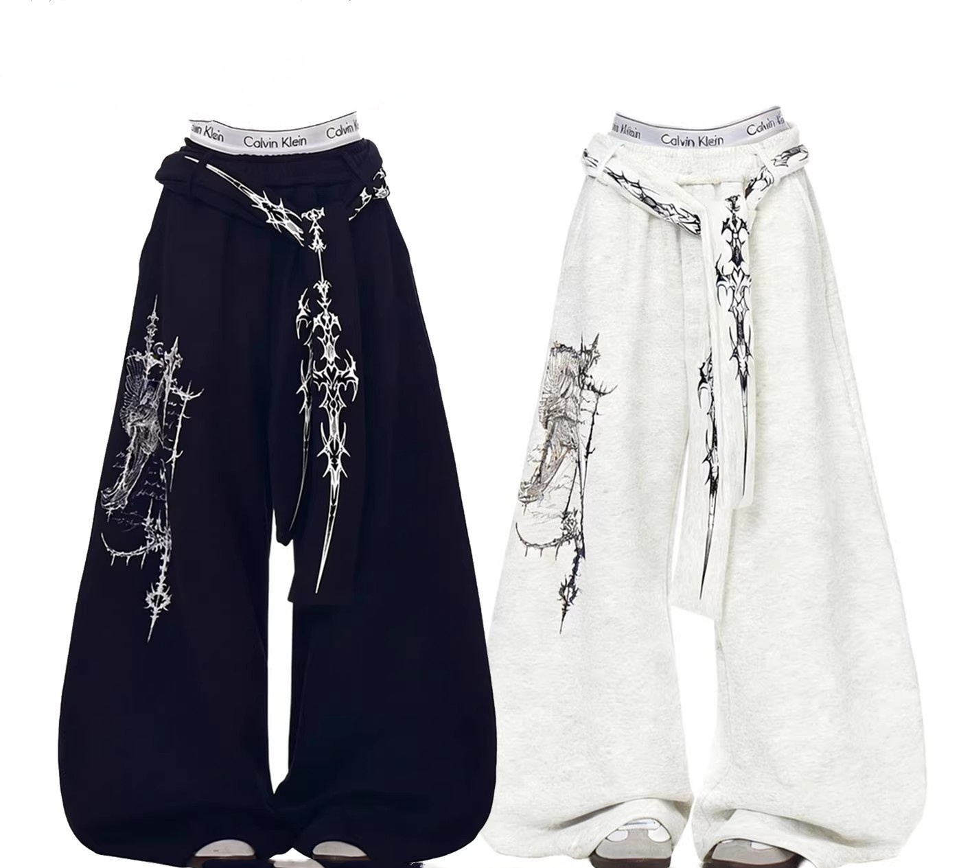 Men's Curved Blade Sweatpants Detachable Belt Loose Fit Bow Tie Ribbon Joggers 2-in-1 Convertible Casual Pants For Streetwear Daily_voghion.com