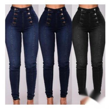 High Waist Casual Jeans Pants Trendy Double Row Multi Button Slim Fit Elastic Women_voghion.com