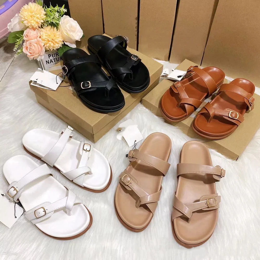 SHLIANG Summer Beach Slippers For Woman Casual Outdoor Black Buckled Strap Female Flat Shoes Soft PU Leather Chic Ladies Slides V0132_voghion.com