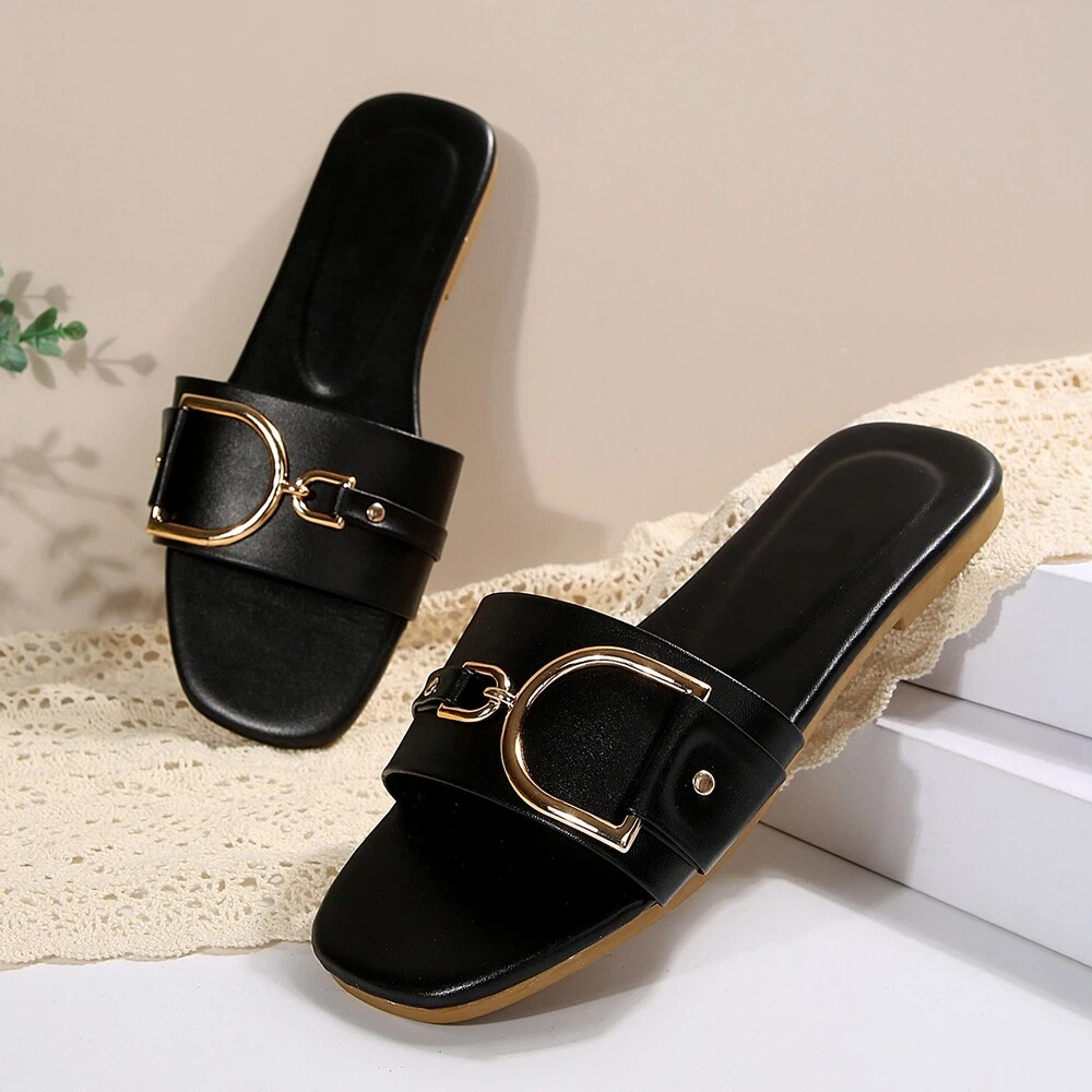 SHLIANG Spring Summer Fashion Ladies Open-Toe Flat Head Black/White Sandals Metal Decoration Square Toe Women's Slippers V0148_voghion.com