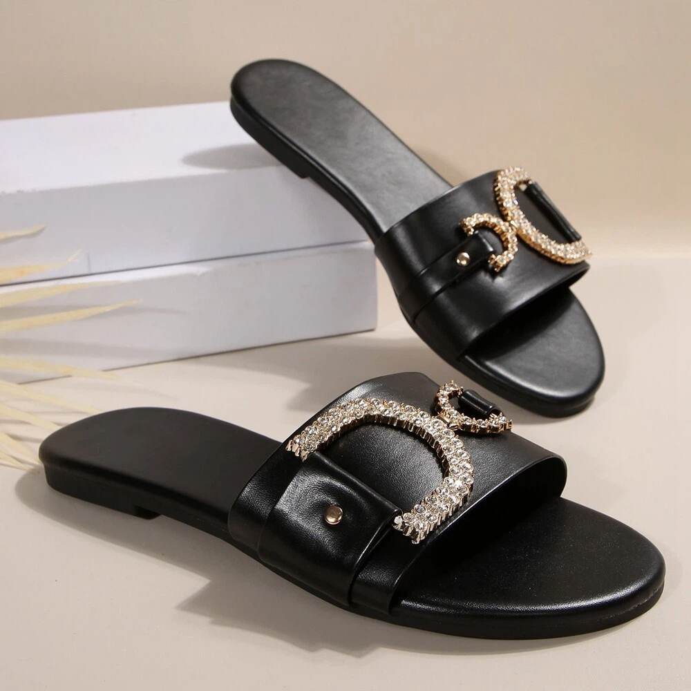 SHLIANG Women's Fashion Flat Slippers Rhinestone Simple Open-Toe Solid Color Metal Buckle Decoration Daily Commuting Outdoor Slippers Sandals V0183_vogvips.com