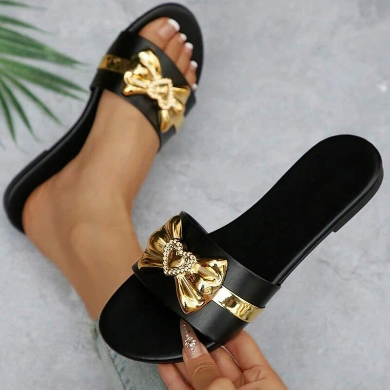 SHLIANG New Women's Shoes Fashion Slippers With Bow Buckle Versatile Solid Color Metal Decoration Round-Toe Flat Sandals V0187_voghion.com