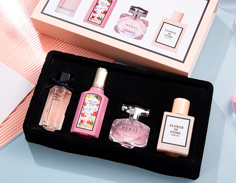 Novo conjunto de perfume feminino Flower Tale Of Things, caixa de presente com 4 peças, fragrância duradoura, perfume_voghion.com