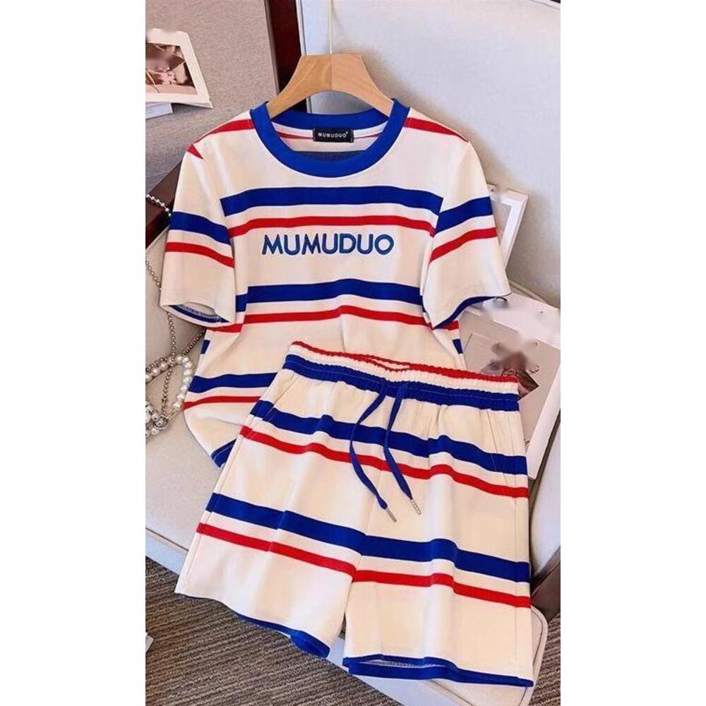 Fashion Casual Sports For Women 2024 Summer New Loose Striped Letter Short Sleeve T-Shirt And Shorts Two-Piece Set_ecoleips.com