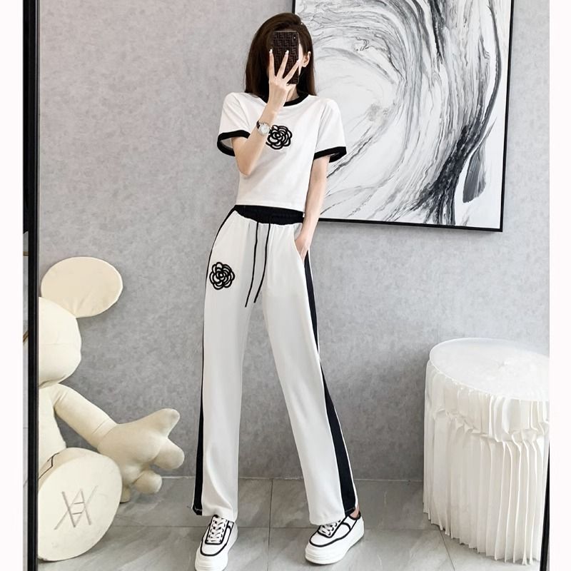 Elegant Casual Sports Suit For Women, Summer Fashionable Youthful, Stylish Short-sleeve T-shirt And Wide-leg Pants,_ecoleips.com