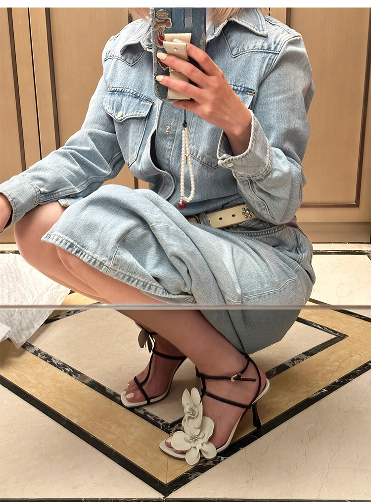 High-end Design, White Flower Open-toe Sandals, Fairy Style, Straight Line, High Thin Heel, Square Toe, Women's_voghion.com