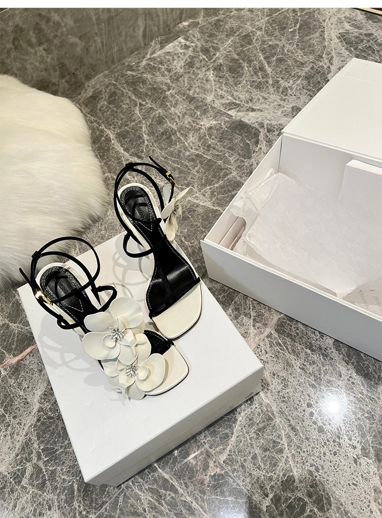 High-end Design, White Flower Open-toe Sandals, Fairy Style, Straight Line, High Thin Heel, Square Toe, Women's_voghion.com