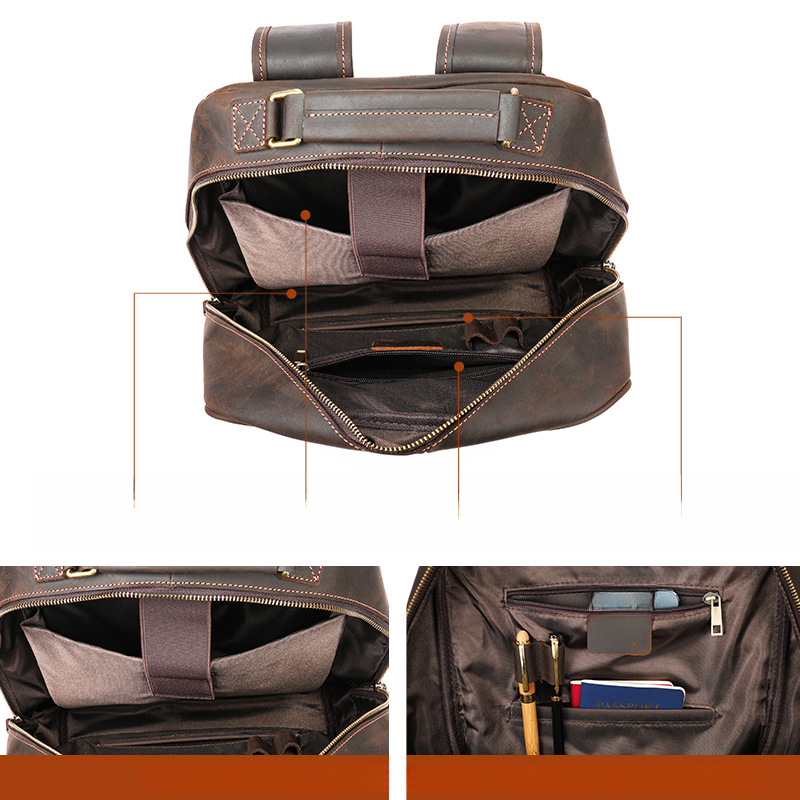 Genuine Leather Running Backpack, Large Capacity Cowhide Leather Travel Bag, Men's_voghion.com