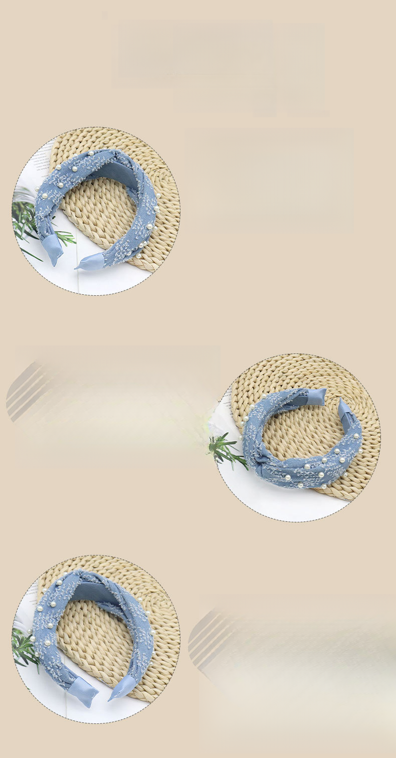 Fascia per capelli in denim blu con nodo largo e perle, alta corona, moda, in saldo, accessori per capelli da esterno_voghion.com