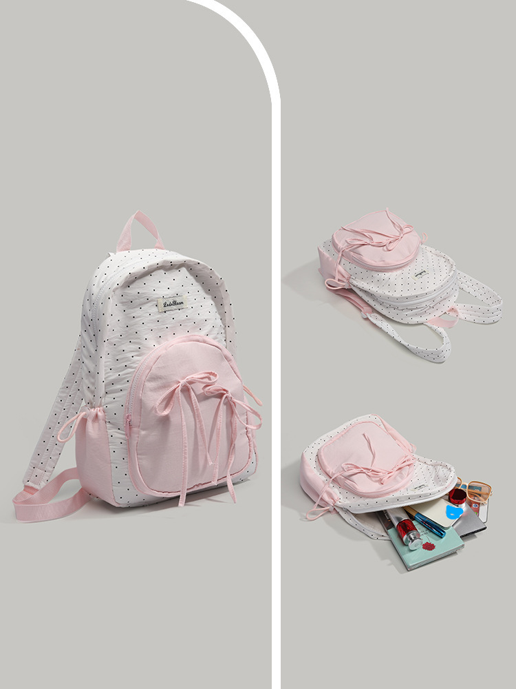 Niedlicher und süßer Mädchen-exklusiver Rucksack im koreanischen Universitätsstil mit Fliege und Punkten, Pendlerrucksack für Studenten, Herbst/Winter 2025, neu, vielseitig_voghion.com