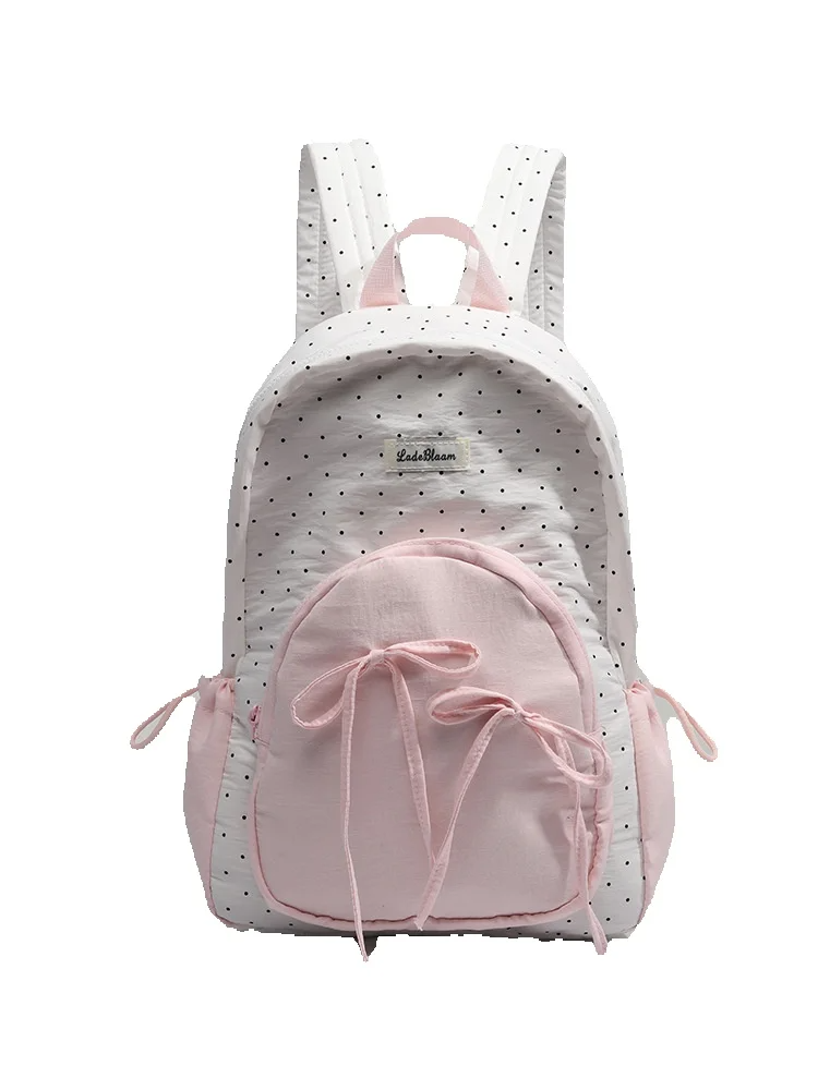 Niedlicher und süßer Mädchen-exklusiver Rucksack im koreanischen Universitätsstil mit Fliege und Punkten, Pendlerrucksack für Studenten, Herbst/Winter 2025, neu, vielseitig_voghion.com