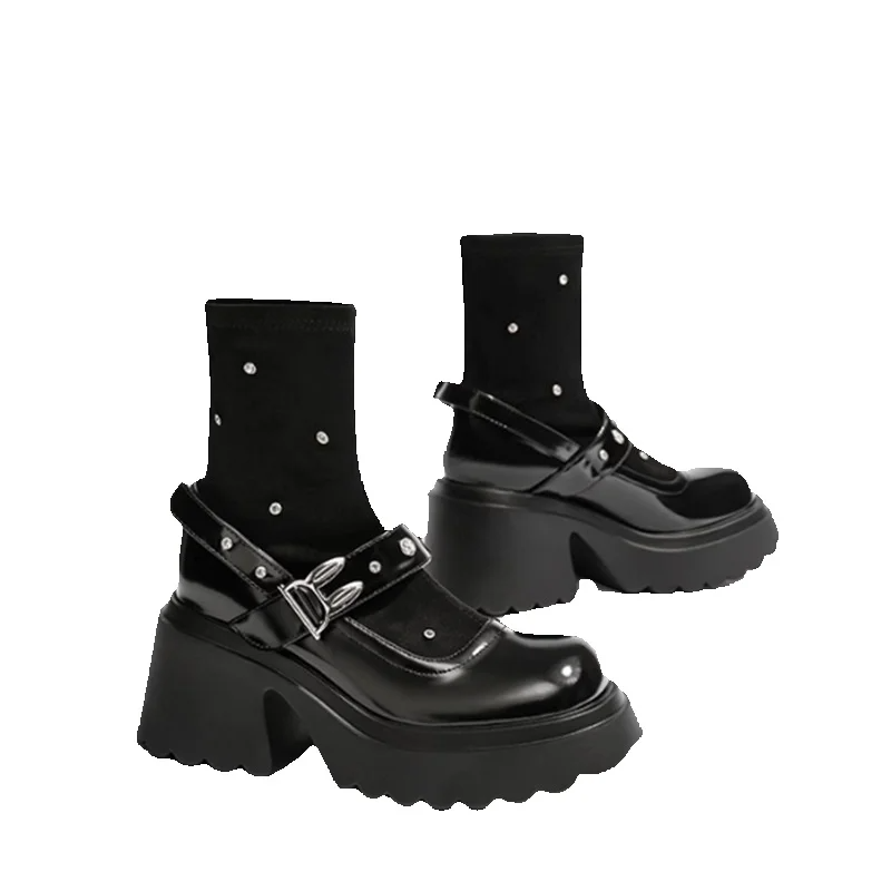 Platform Martin Women's Style, British Style, Rhinestone Knitted Ankle Elastic Sock Boots, Chunky Heel Design, Height-Enhancing Effect, Slim Fit_voghion.com