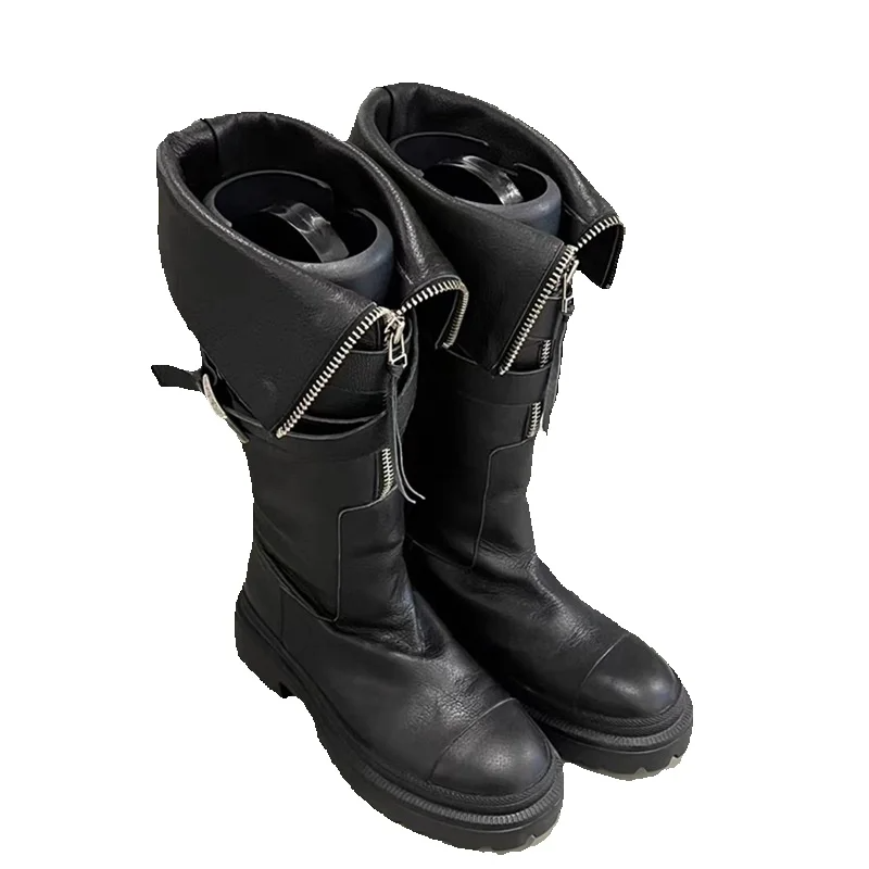 Women's Martin Boots, Made Of Genuine Leather, Knee-high Design, With Belt Buckles, Thick Soles, Suitable For Motorcycle Riding, High-top Style._voghion.com