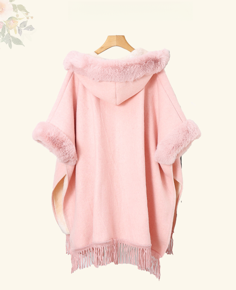 Sciarpa in stile coreano 2025 Autunno/Inverno Nuovo mantello tinta unita Cappotto caldo ispessito Fodera in spugna Ampio collo di pelliccia Mantella con cappuccio_voghion.com