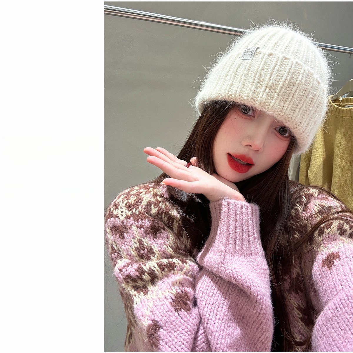 Cappello invernale da donna in misto lana islandese con paraorecchie, caldo cappello in pelliccia di coniglio_voghion.com