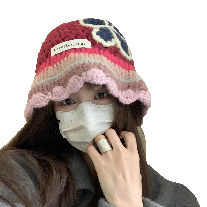 colorful Floral Knit Fisherman's Hat, Suitable For Women, For Autumn And Winter, Sweet Bucket Hat, Suitable For Large Head Shapes._voghion.com