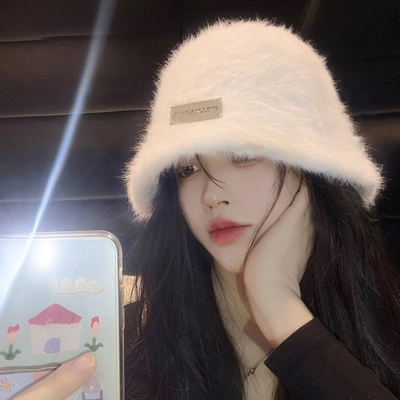 Women's Facially Flattering Rabbit Fur Fisherman's Hat, A Warm, Oversized Hat Suitable For Both Autumn And Winter, Available In A Solid White Color._voghion.com