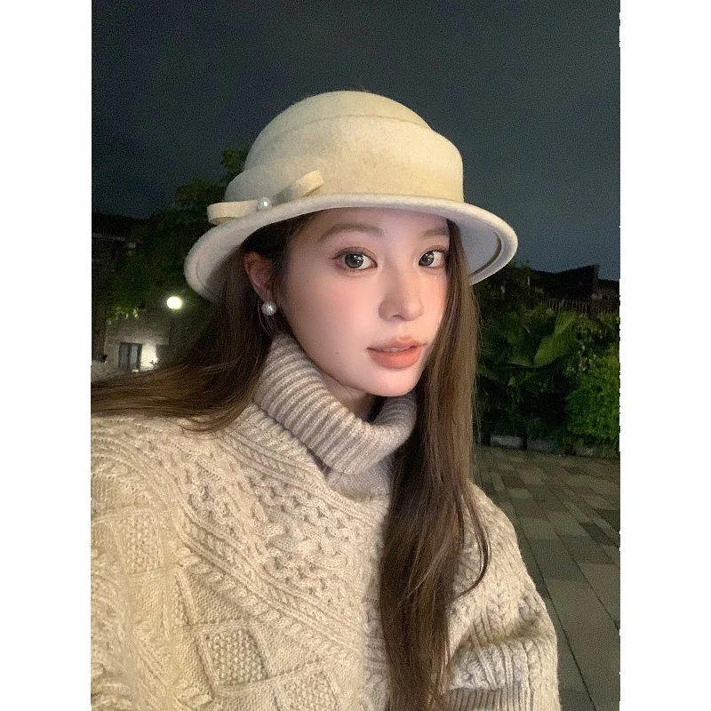 Damenhut aus Wolle mit Perlenschleife, Herbst- und Winter-Socialite-Mode, hochwertiger Fischerhut_voghion.com