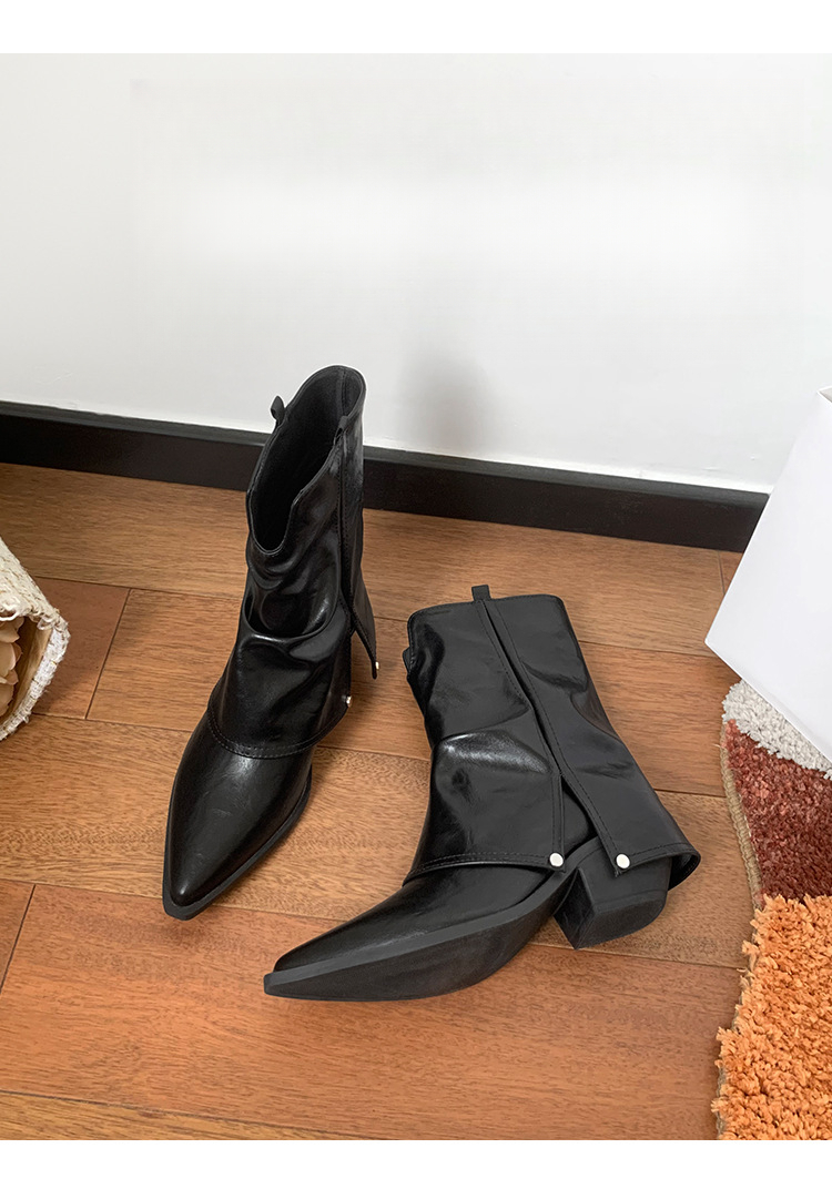 2025 Autumn/Winter Women's Mid-Calf Pointed Toe Chunky Heel Short Boots, Metal Leg Design, Slim Fit. Fashionable And Versatile, Lightweight._voghion.com