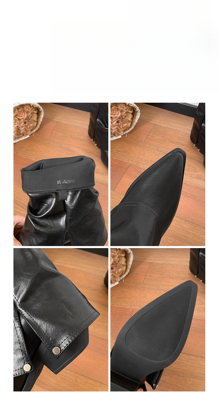 2025 Autumn/Winter Women's Mid-Calf Pointed Toe Chunky Heel Short Boots, Metal Leg Design, Slim Fit. Fashionable And Versatile, Lightweight._voghion.com