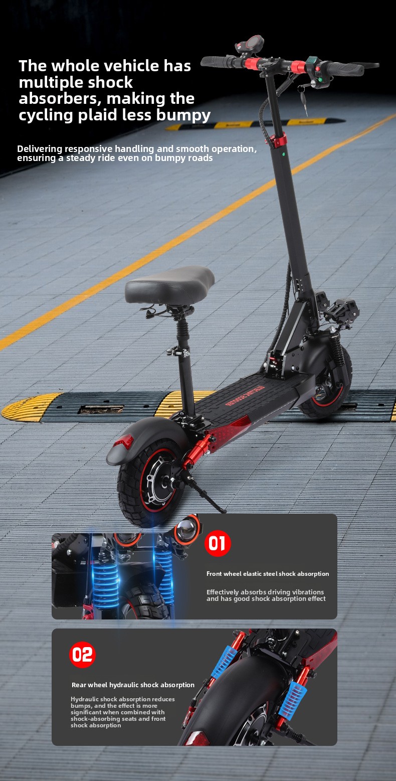 J01 Monopattino elettrico pieghevole fuoristrada con doppio assorbimento degli urti e sedile_voghion.com