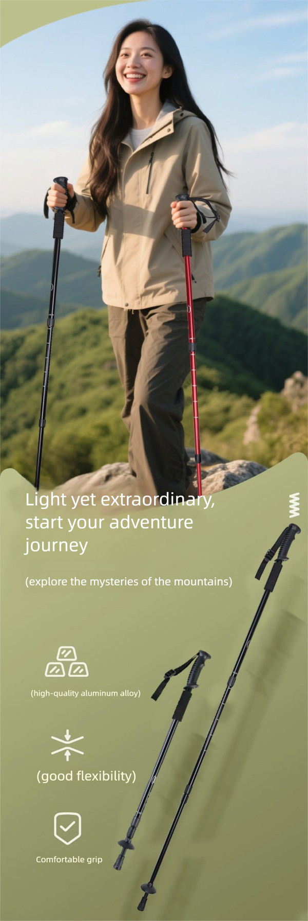 Shock Absorbing High Strength Hiking Ultra Light Aluminum Alloy Three Four Section Curved Straight Handle Telescopic_voghion.com