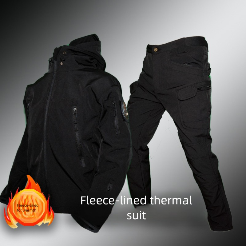 Outdoor-Taktik-Set mit Haifischhautmuster für Herren, fleecegefütterter Tarnmantel, Arbeitskleidung, Kapuzen-Winterradjacke_voghion.com