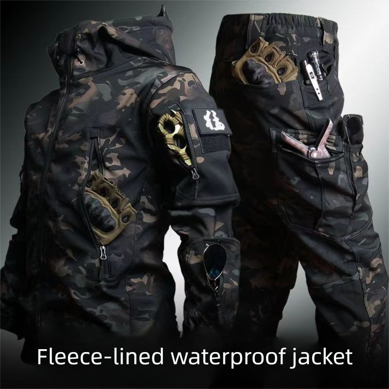 Outdoor-Taktik-Set mit Haifischhautmuster für Herren, fleecegefütterter Tarnmantel, Arbeitskleidung, Kapuzen-Winterradjacke_voghion.com