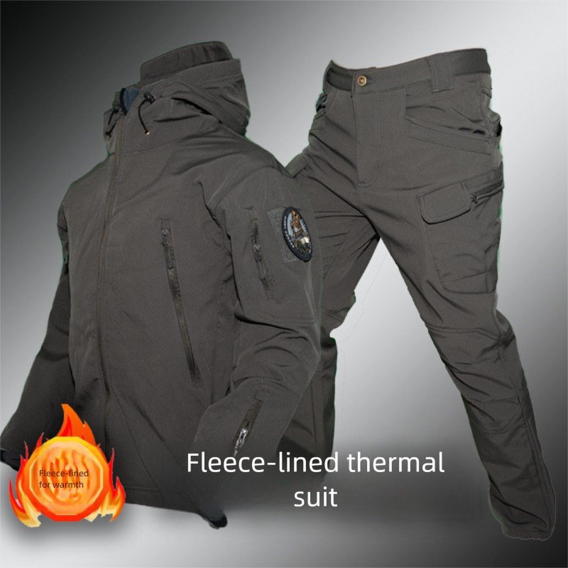 Outdoor-Taktik-Set mit Haifischhautmuster für Herren, fleecegefütterter Tarnmantel, Arbeitskleidung, Kapuzen-Winterradjacke_voghion.com