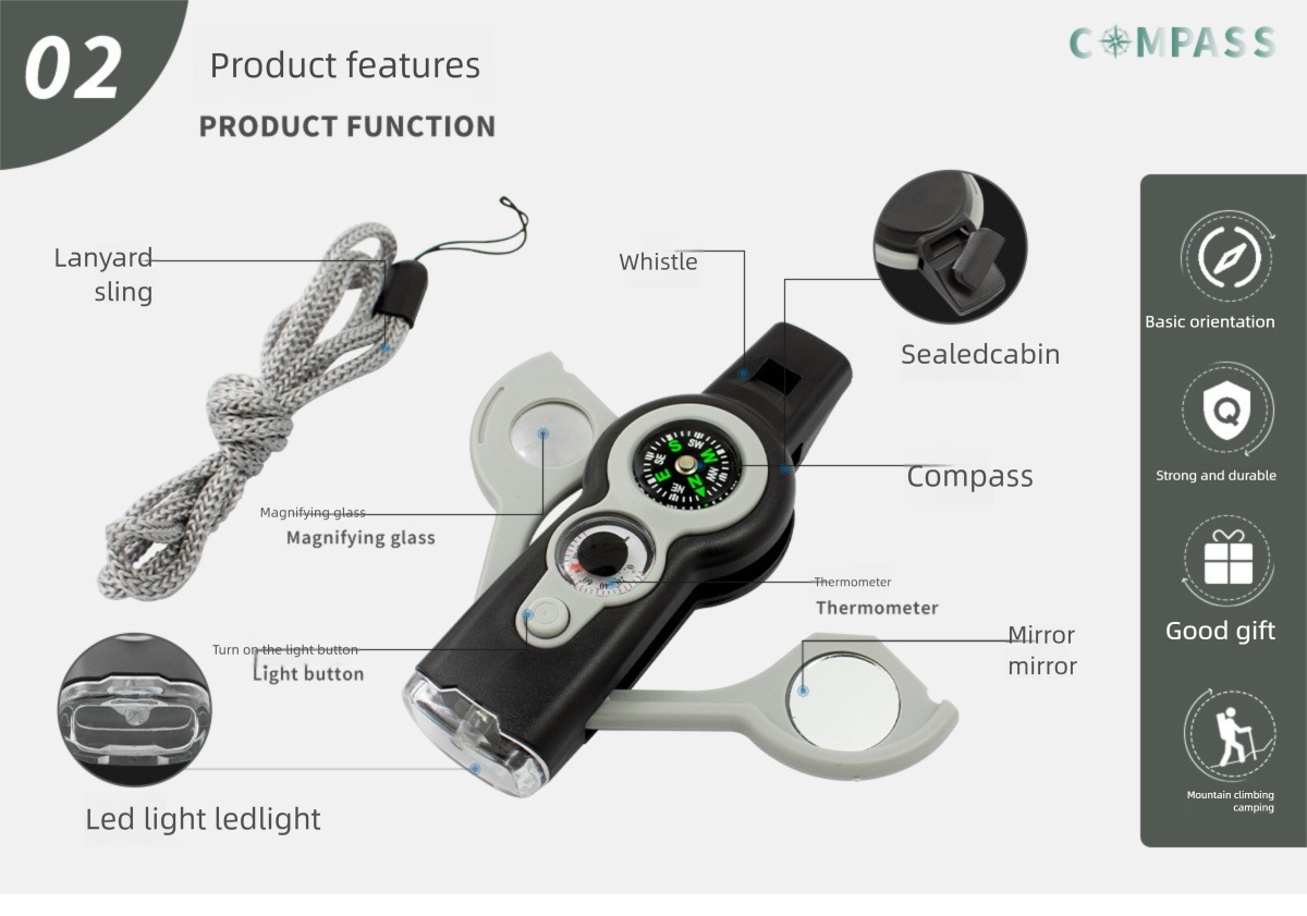 Outdoor Multi-Functional Sports Survival Escape Camping 7-in-1 LED Compass Whistle Emergency Tool_voghion.com