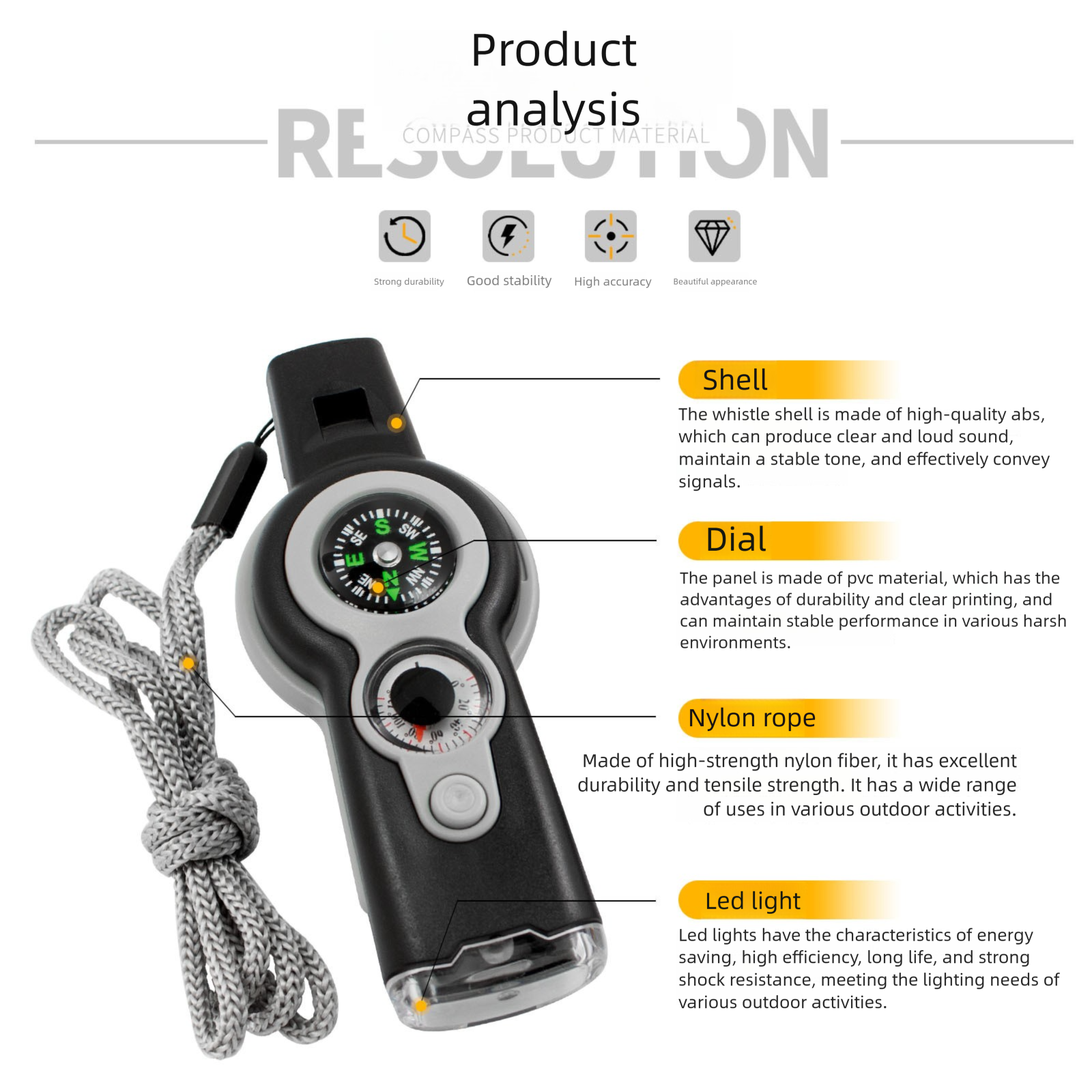 Outdoor Multi-Functional Sports Survival Escape Camping 7-in-1 LED Compass Whistle Emergency Tool_voghion.com