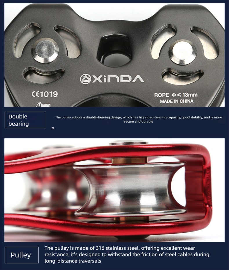 Xinda Dual-Axis Dual-Pulley Traverse Steel Cable Zipline Tree Climbing Rescue Pulley Set_voghion.com