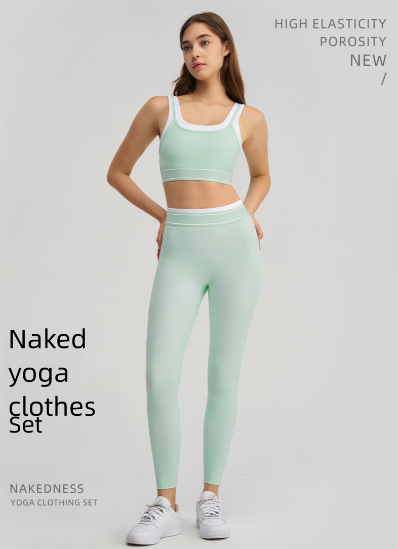 Neues zweiteiliges Color-Block-Outfit: Weiße Streifen, lange Hose mit Hüftlift-Effekt, Camisole, Lauf-Sport-BH und Yoga-Set_voghion.com