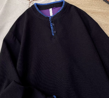 Retro Henley Collar Long Sleeved T-shirt Men's Hand Sewn Knitted Hooded Sweatshirt With Bottom Layer Underneath_voghion.com