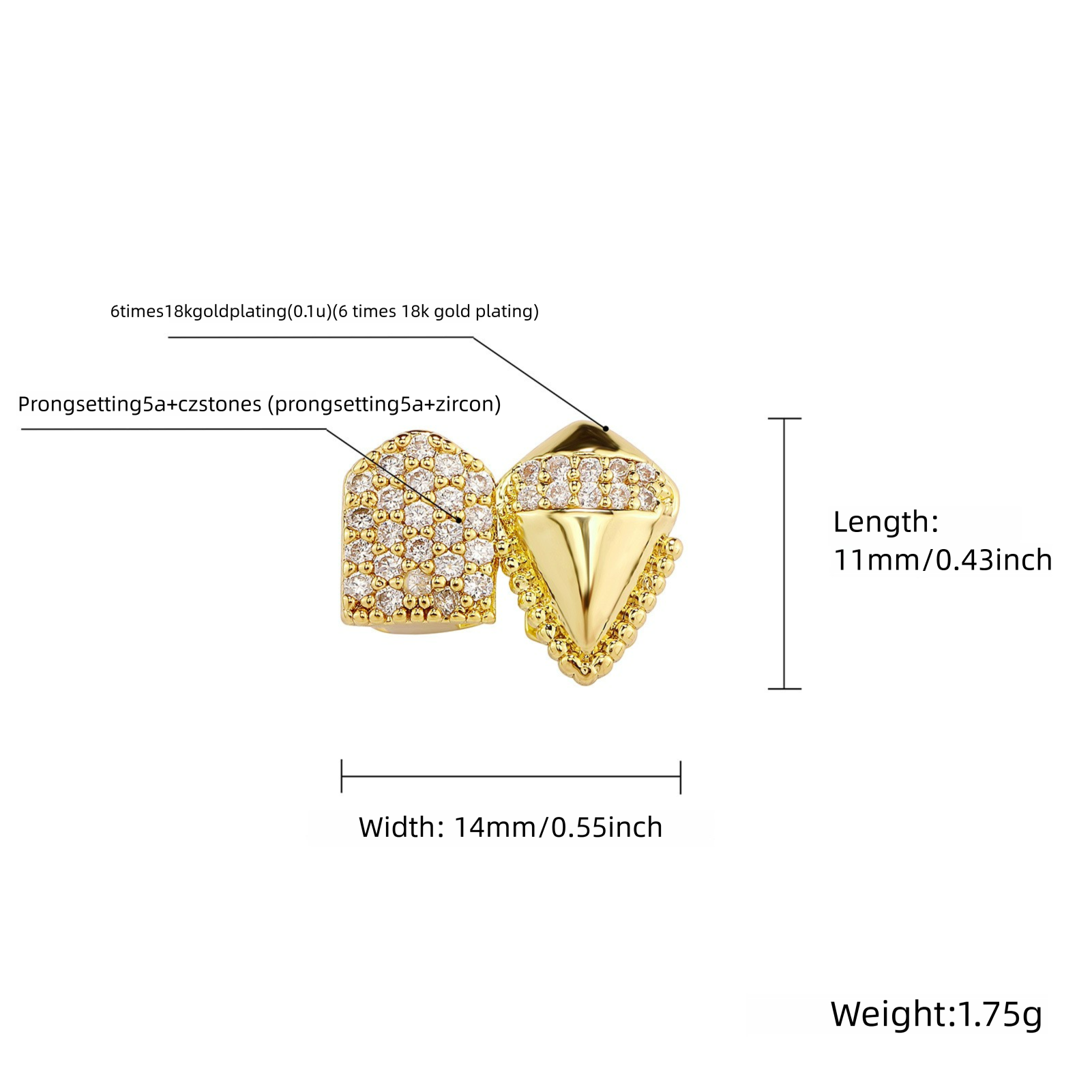 Gold-plated Zircon Vampire Fangs Grill For Halloween Costume_voghion.com