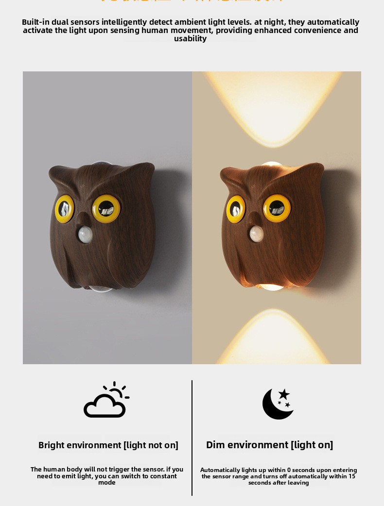 Sensor Owl Night Light Rechargeable Led Wall Lamp For Hallways_voghion.com