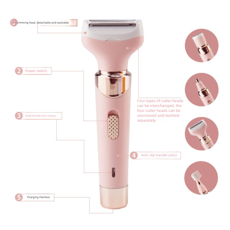 New 4-in-1 Women's USB Rechargeable Electric Shaver Eyebrow Sideburn Nose Trimmer Lip Armpit Hair_voghion.com