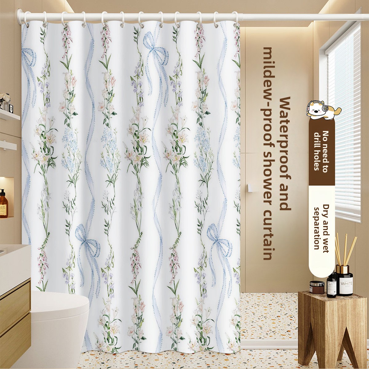 Polyester Waterproof Mildew-proof Curtain Set, No Nails Or Drilling Required, Easy To Install, Suitable For Dormitory_voghion.com