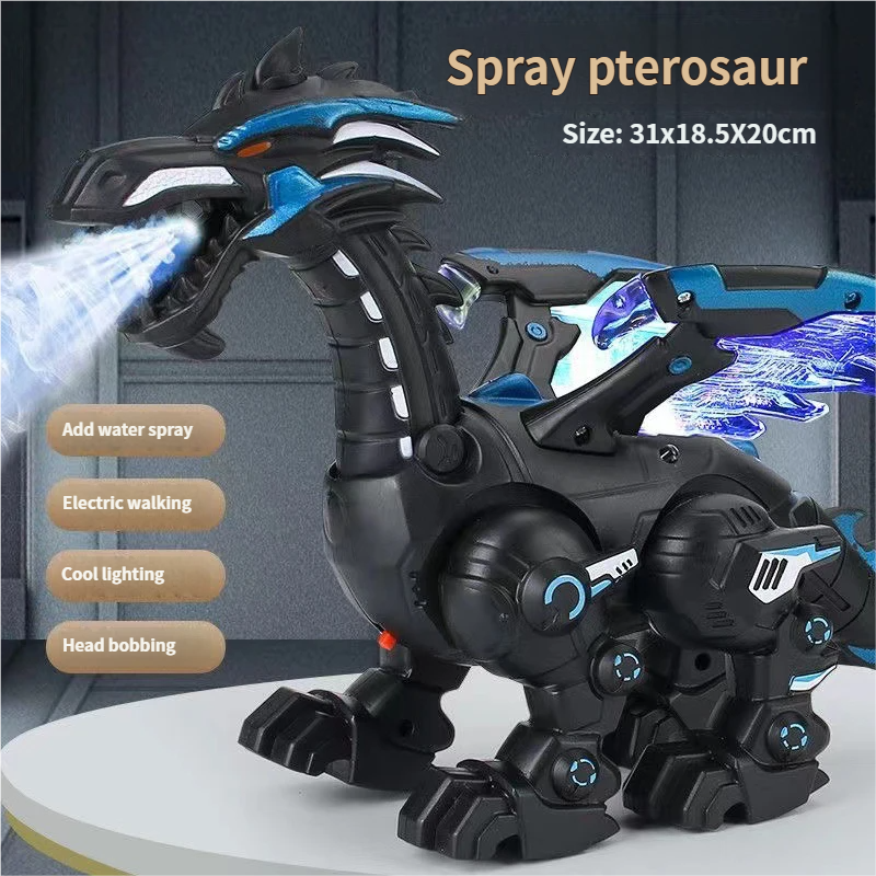 Modello di dinosauro meccanico con spruzzatore elettrico, giocattolo multifunzionale con suoni e luci._voghion.com