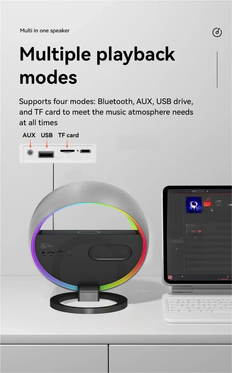 Nuovo caricabatterie wireless multifunzione RGB Night, altoparlante compatibile Bluetooth, luce ambientale grande G, decorazione per la casa_voghion.com