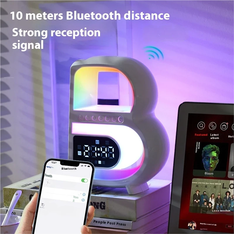 New B-Shaped Blutooth Speaker Multifunctional Smart Music Rhythm Lighting Phone Wireless Charger TF Card AUX Input_voghion.com