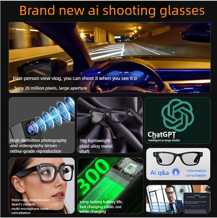 T100 With Camera, 800W Pixels For Photo Taking, Video Recording, Call Translation, AI Smart Glasses_voghion.com