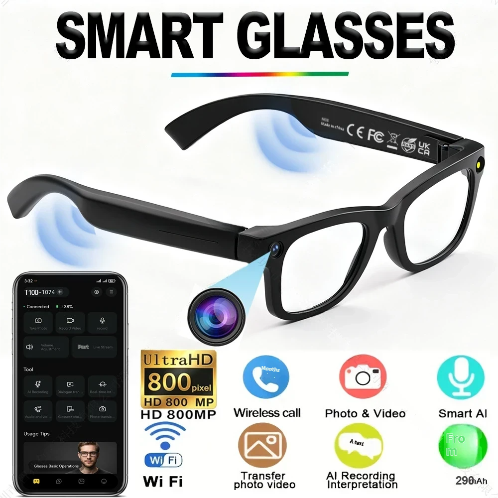 T100 With Camera, 800W Pixels For Photo Taking, Video Recording, Call Translation, AI Smart Glasses_voghion.com