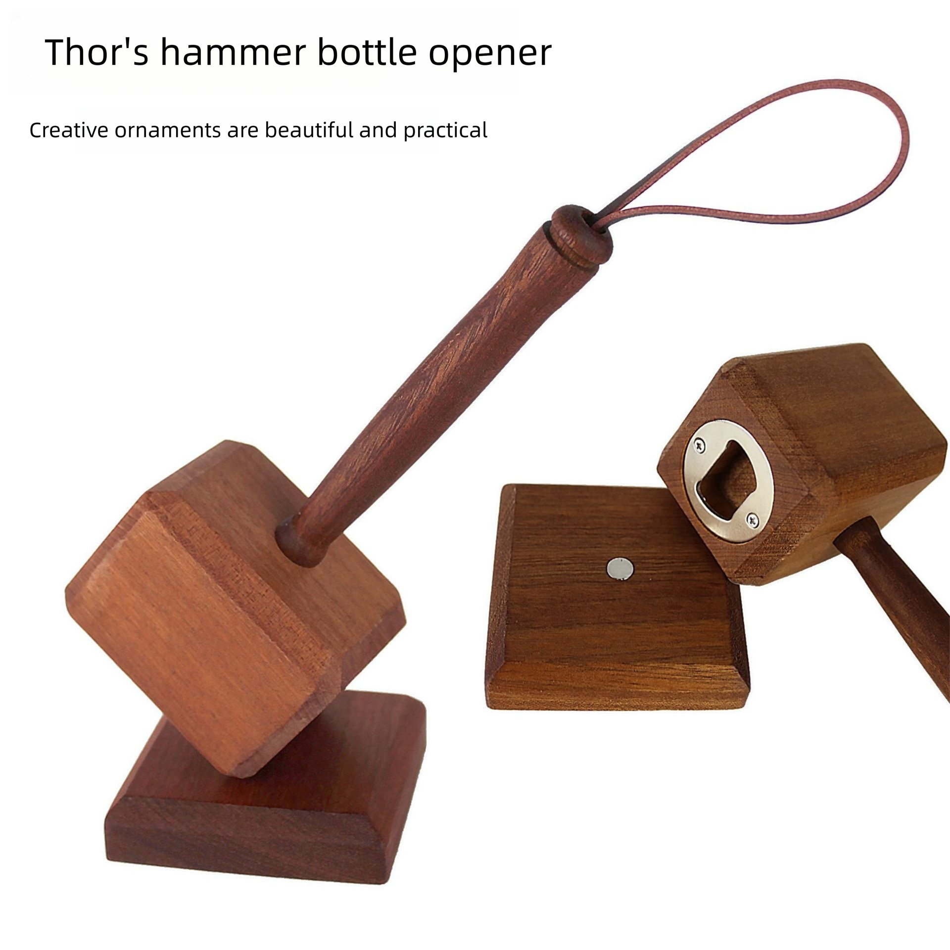 Thor's Hammer Bottle Opener, Wooden Magnetic Beer Opener, Fun Beverage Opener, Creative Home Decor & Personality Ornament_voghion.com