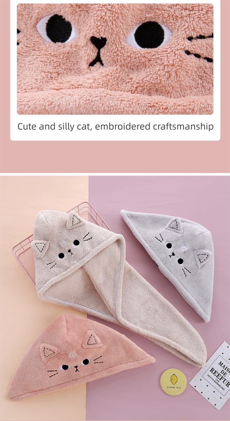 Nouveau bonnet de séchage pour cheveux mignon à motif chat, bandeau et bonnet de douche épais en polaire corail absorbante à séchage rapide_voghion.com
